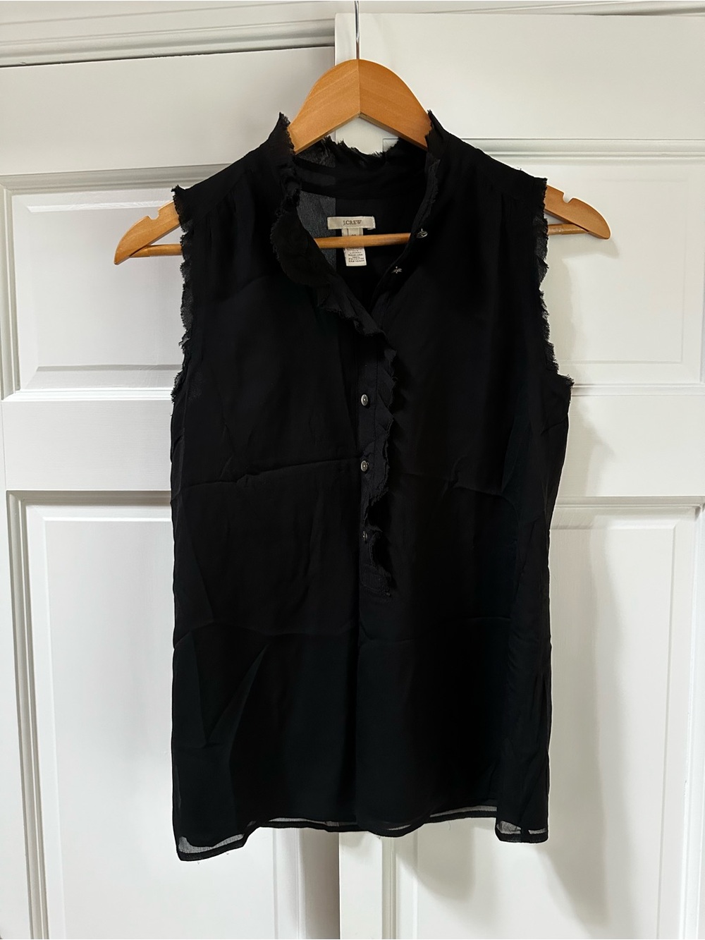 J. Crew Black Sleeveless Ruffle-Trim Button Front Blouse